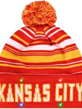 Vintage Classic Kansas City Red Gold White LED Hat Cuffed Winter Hat Knit Pom-NE